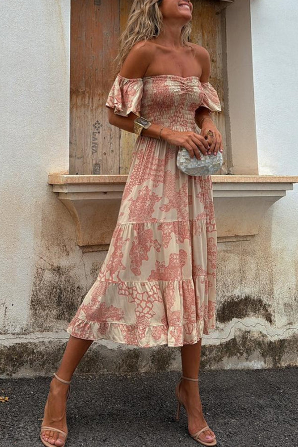 Robe midi avec décolleté épaule et imprimé romantique – Pitaya