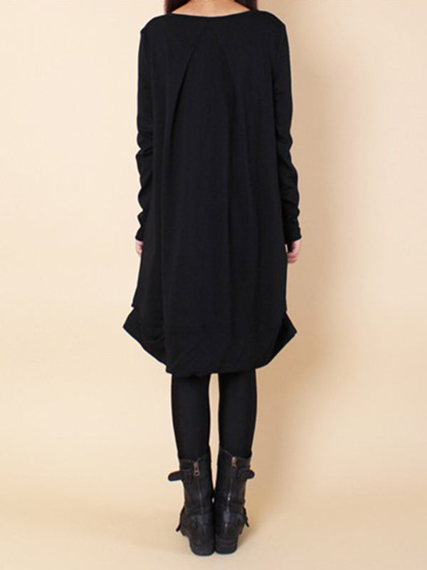 Robe longue plissée coupe trapèze, à manches longues, à col rond, couleur unie