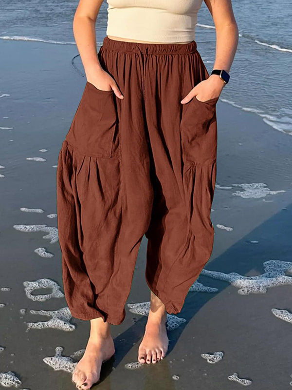 Pantalon ample plissé taille haute, à cordon de serrage, à taille élastique, à poches, couleur unie