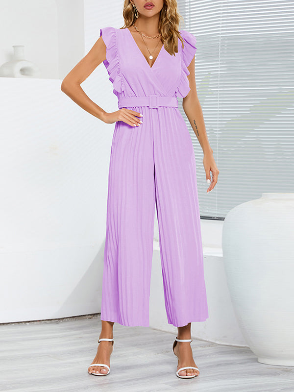 Combinaison ample plissée volantée taille haute, avec ceinture, à col en V, couleur unie