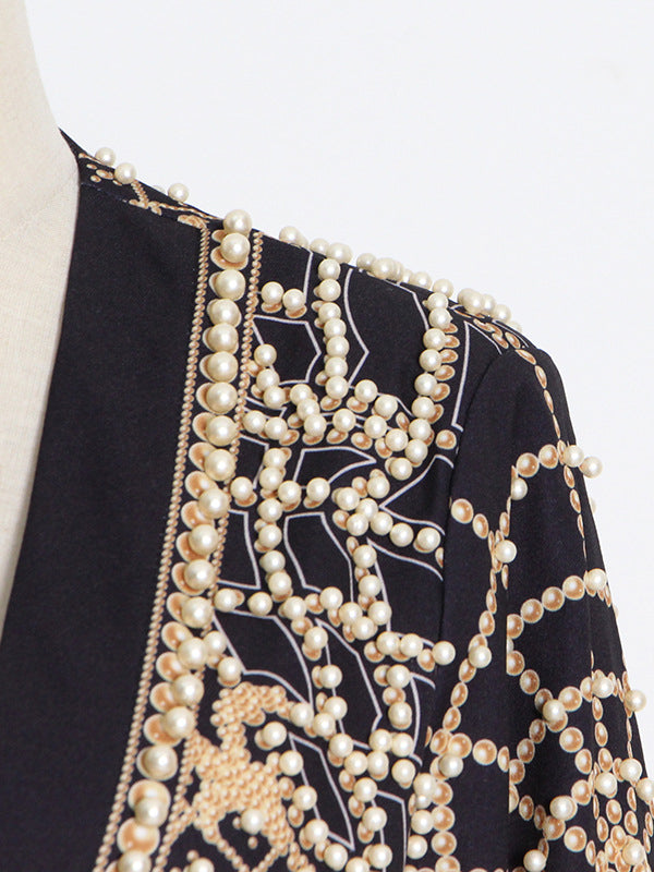 Blazer ample imprimé à manches longues, à perles, à col en V