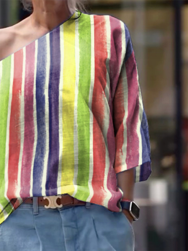 T-shirt ample rayé à manches longues, asymétrique à une épaule, couleur contrastée