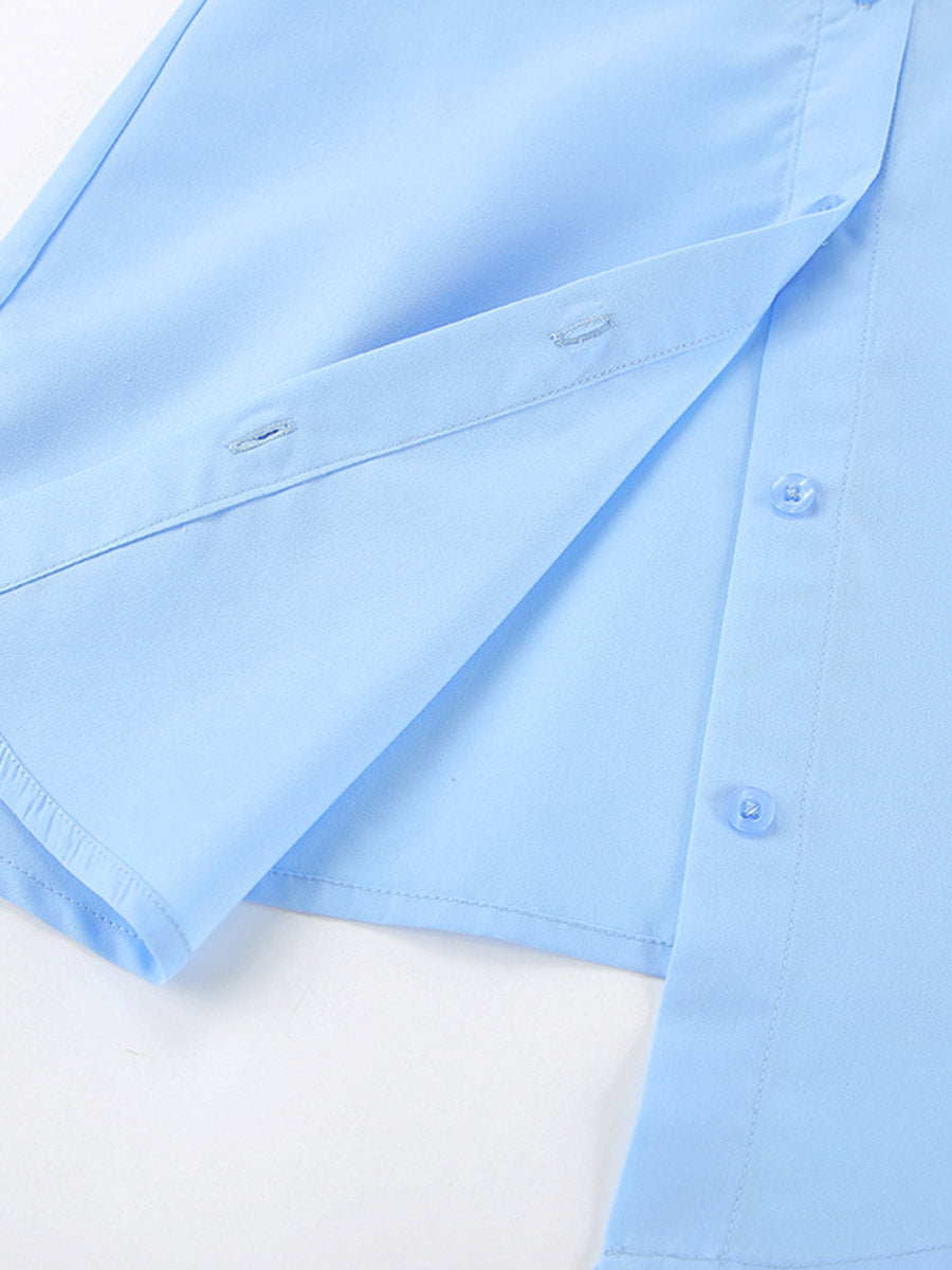 Robes courtes chemise à manches longues, ample, boutonnée, couleur unie, joint torsadé, revers torsadé