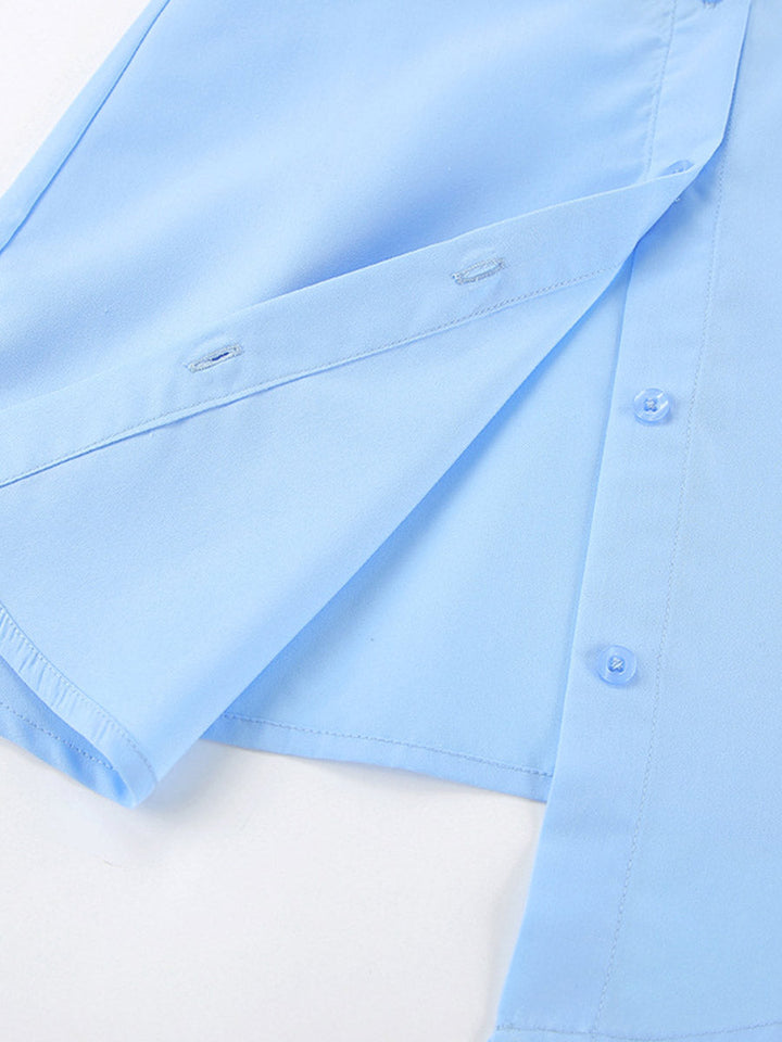 Robes courtes chemise à manches longues, ample, boutonnée, couleur unie, joint torsadé, revers torsadé