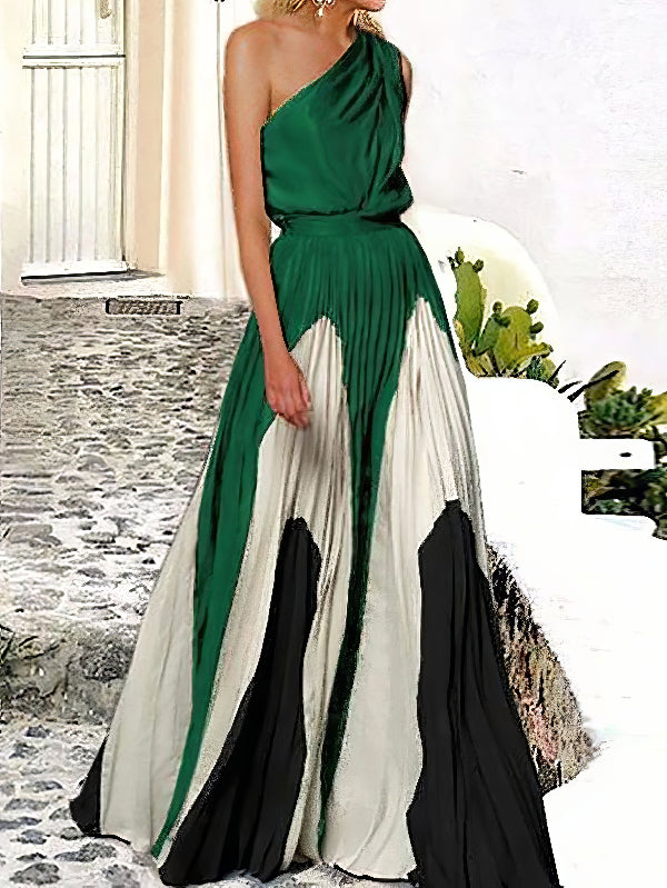 Robe longue asymétrique plissée imprimée sans manches, asymétrique à une épaule