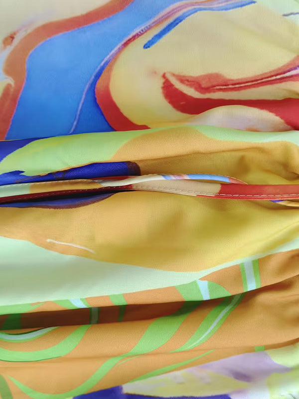 Ensemble deux pièces ample asymétrique imprimé à col revers, coupe trapèze, à cordon de serrage, à taille élastique – chemisier + jupe