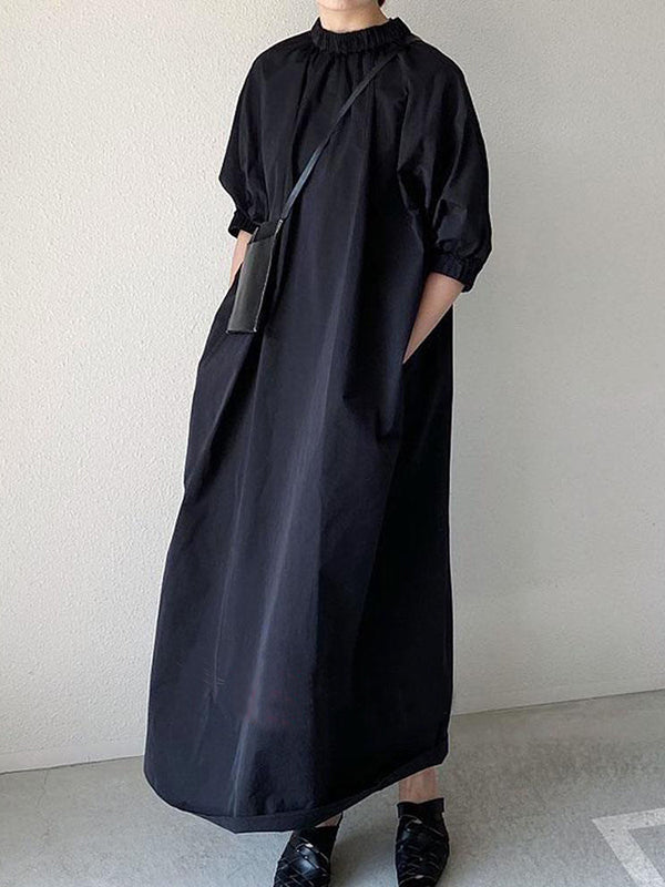 Robe chemise ample plissée à manches bouffantes, à empiècements, à fermeture éclair, à col montant
