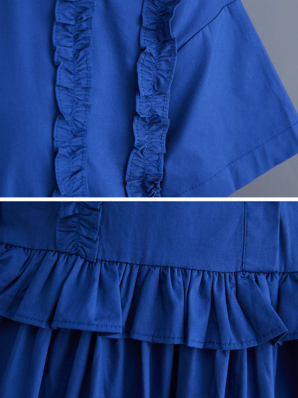 Robe chemise mi-longue de couleur unie, simple, manches courtes, ample, boutonnée, Volants, à empiècements