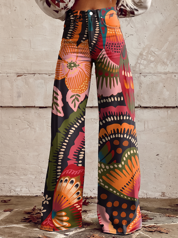 Pantalon imprimé boutonné à poches, à jambes larges, grande taille