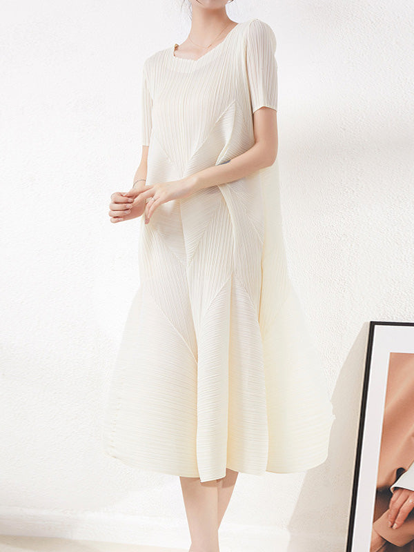 Robe mi-longue décontractée plissée à manches courtes, à col rond, couleur unie