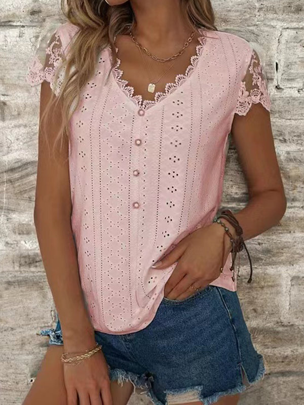 T-shirt ample boutonné ajouré à manches courtes, en résille, à empiècements, à col en V