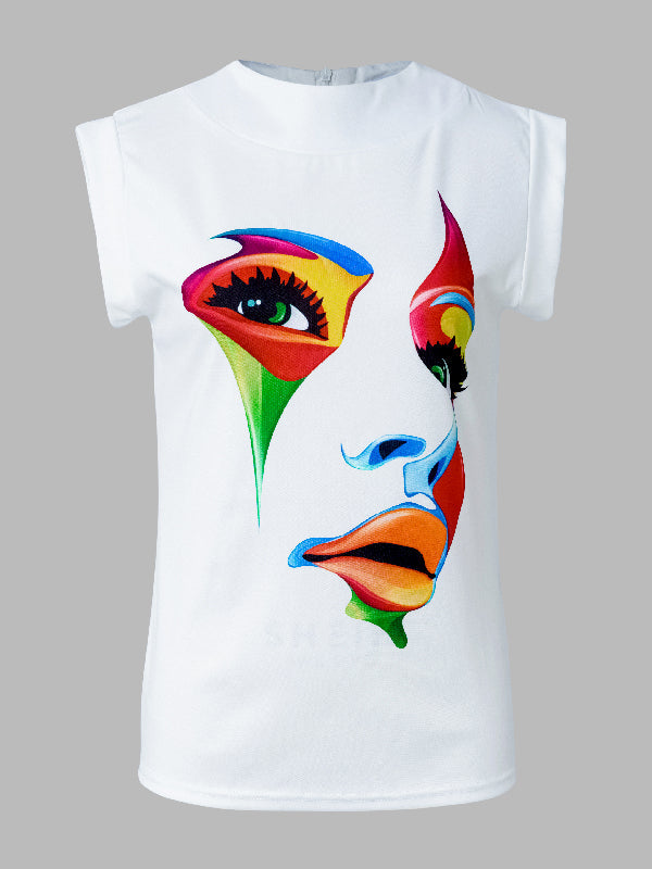 T-shirt ample multicolore imprimé à mancherons, à col haut