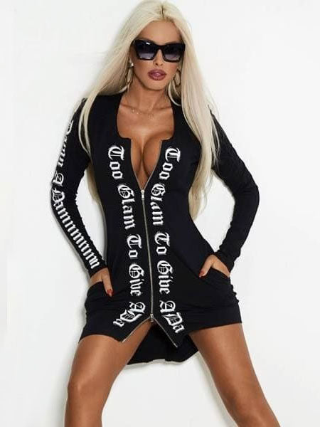 Robe courte à imprimé lettres, à fermeture éclair, à manches longues