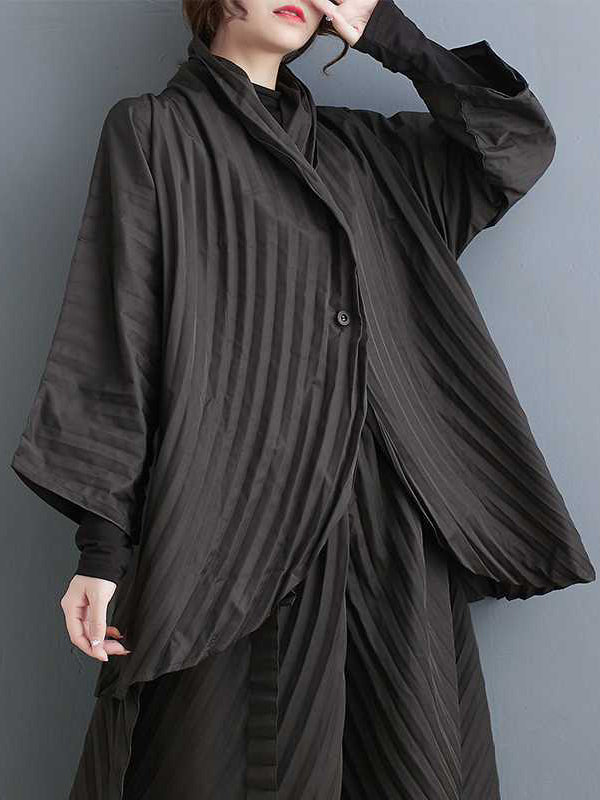 Ensemble deux pièces ample boutonné plissé à manches longues, à col montant, couleur unie – chemise + haut + pantalon