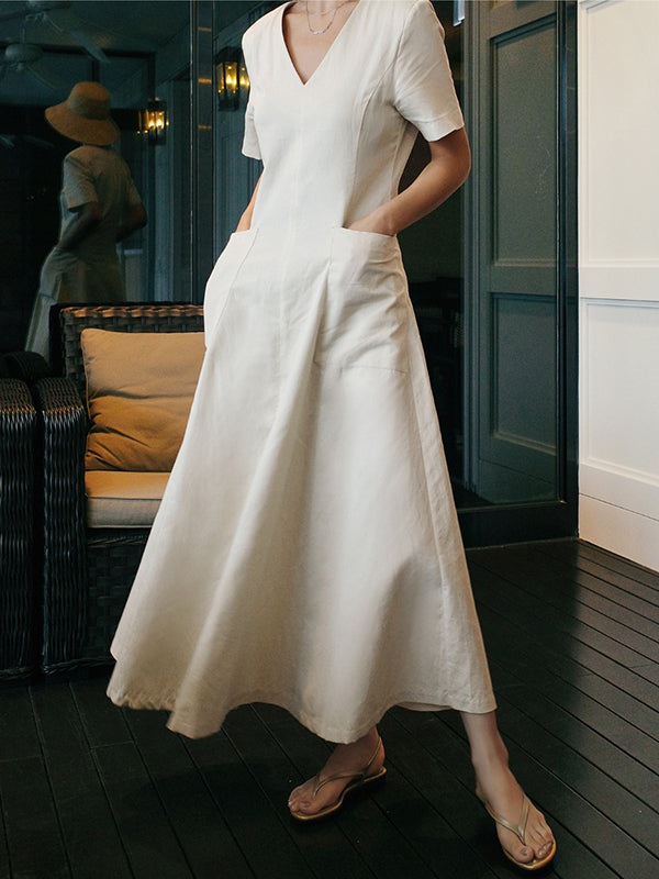 Robe mi-longue simple décontractée plissée couleur unie