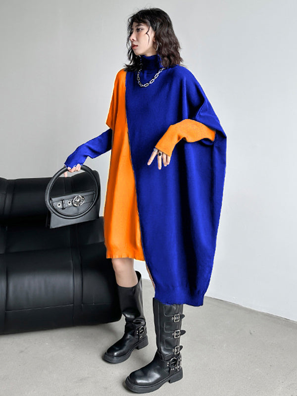 Robe pull mi-longue asymétrique à manches chauve-souris et col haut, couleur contrastée
