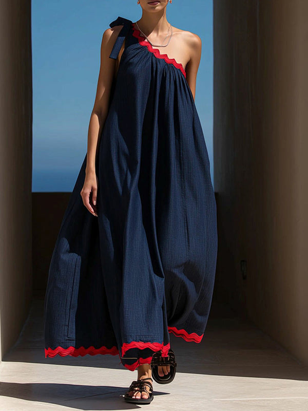 Robe longue ample plissée nouée coupe trapèze, à poches, à empiècements, asymétrique à une épaule