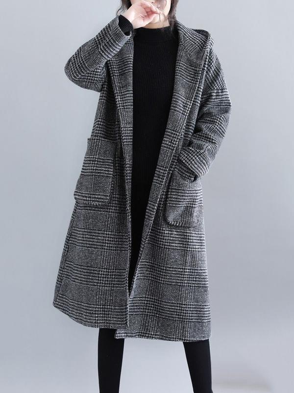 Manteau ample à capuche en laine à carreaux