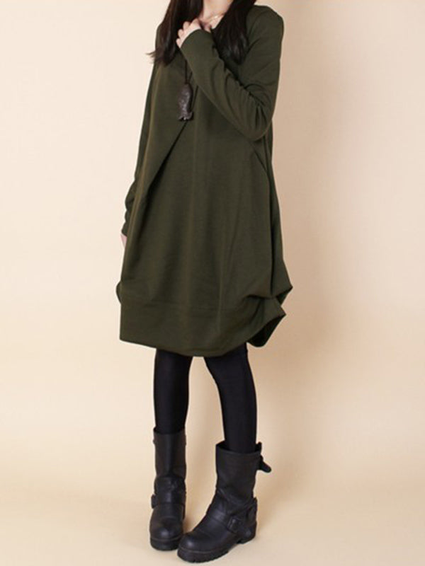 Robe longue plissée coupe trapèze, à manches longues, à col rond, couleur unie