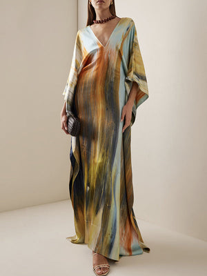 Robe longue ample imprimée à manches chauve-souris, à empiècements, à col en V
