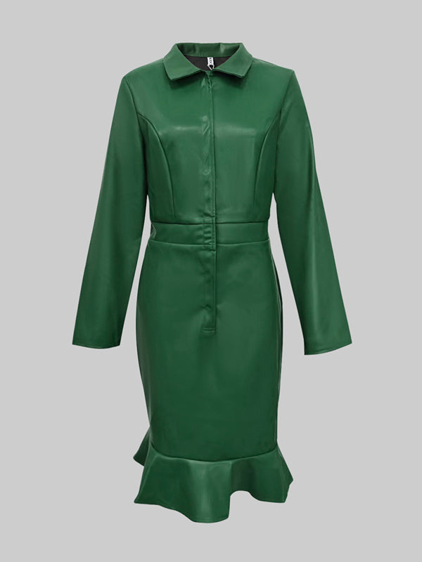 Robe mi-longue moulante boutonnée à manches longues, à taille élastique, à bordure volantée, à empiècements, à col revers, couleur unie