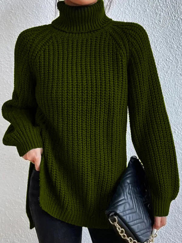 Pull ample fendu sur le côté à manches longues, à col haut, couleur unie