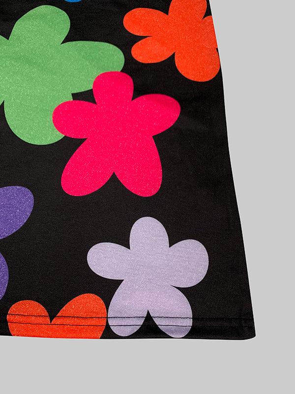 Robe longue asymétrique à manches longues, à fleurs, à col rond