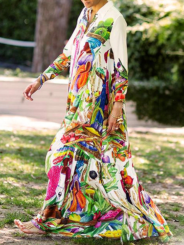 Robe chemise ample asymétrique imprimée à manches longues, à empiècements, à col revers