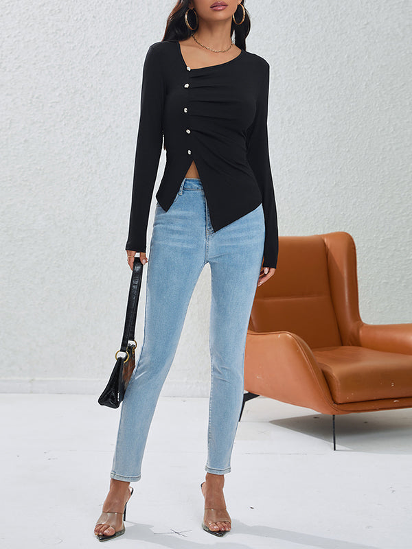 T-shirt asymétrique boutonné plissé à manches longues, coupe près du corps, à col asymétrique