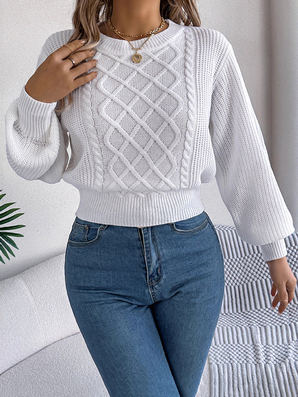 Taille élastiquée manches longues câble tricot couleur unie col rond haut en tricot pull hauts