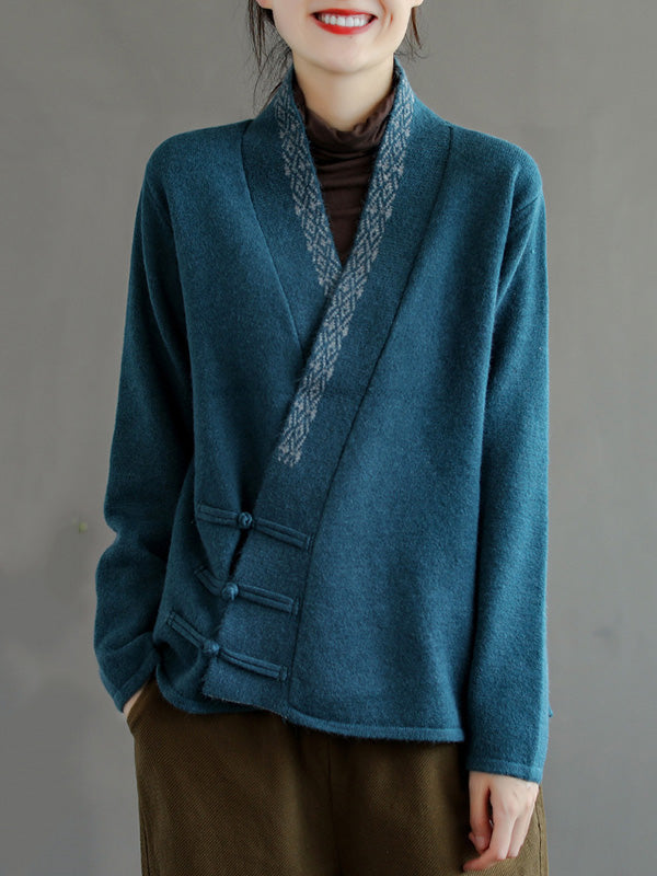Haut cardigan vintage en laine mélangée brodé de couleur unie
