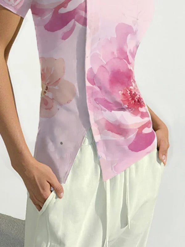 T-shirt fendu devant à manches courtes, coupe près du corps, à imprimé floral, à col rond