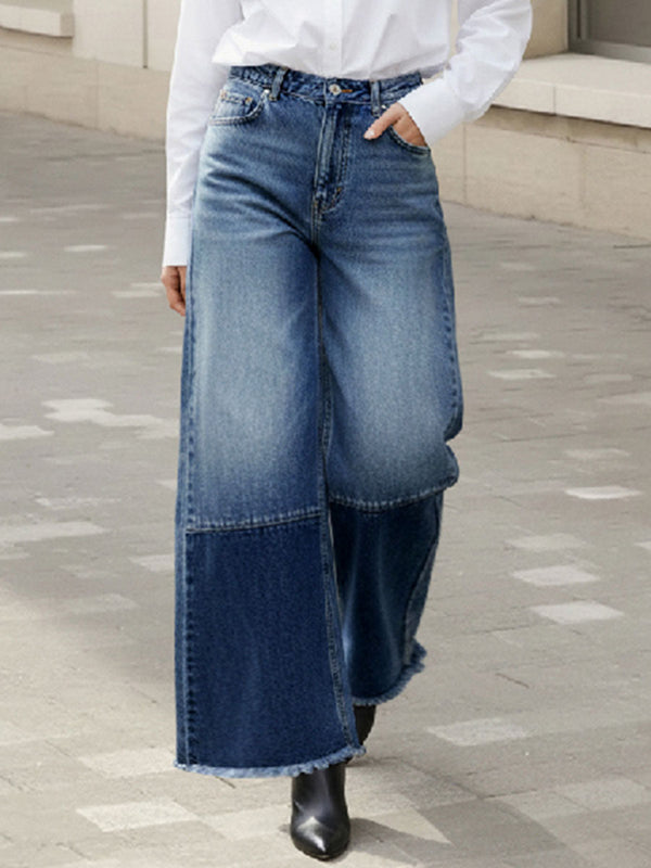 Jean taille haute, à jambes larges, à franges, à empiècements, couleur contrastée
