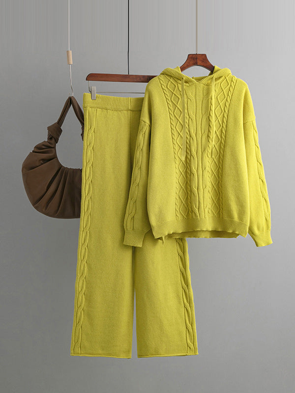 Ensemble deux pièces urbain ample à capuche, à ourlet plongeant, à jambes larges, couleur unie – pull + pantalon