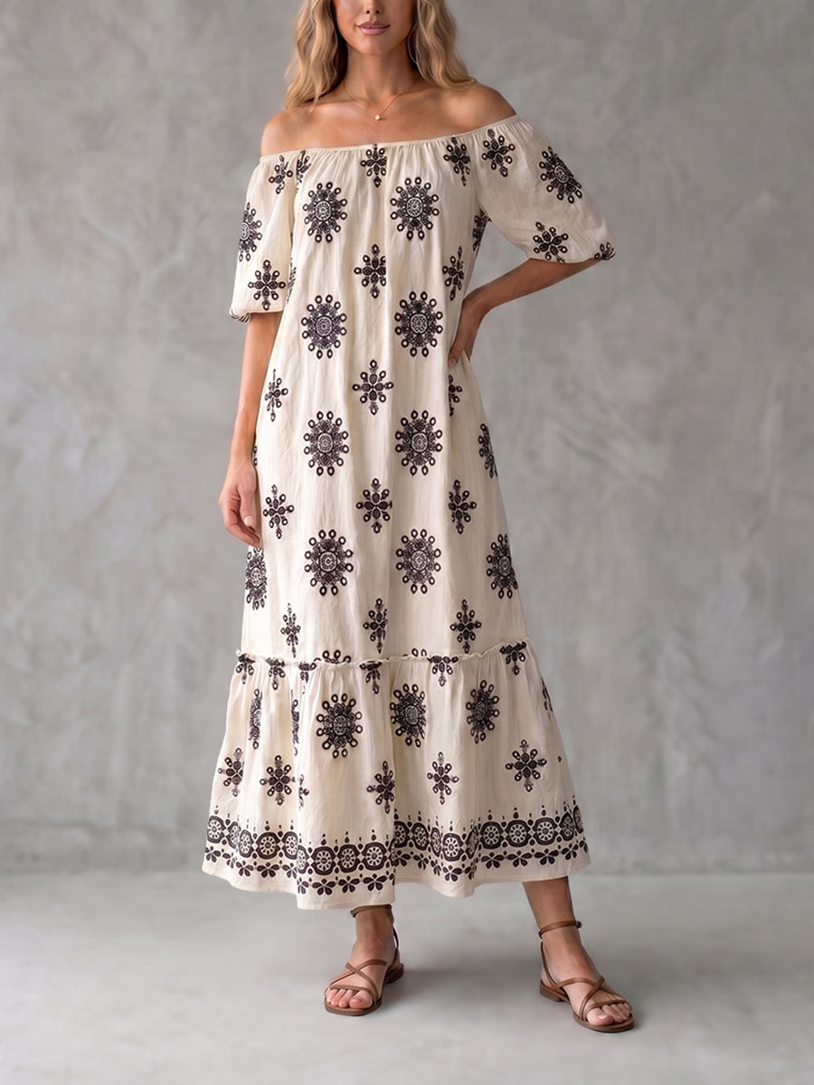 Robe longue plissée imprimée coupe trapèze, à manches mi-longues, à taille élastique, à bordure volantée, à empiècements, à épaules dénudées