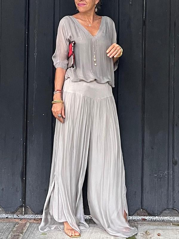 Saila | Robe maxi pour femmes décolleté en V, manches chauve-souris, couleur unie