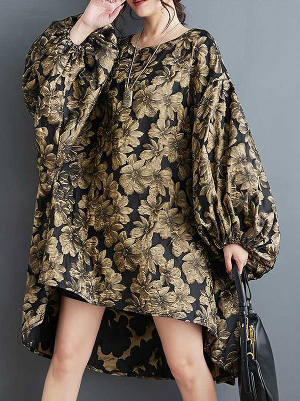 Robe mi-longue coupe trapèze, à ourlet plongeant, à taille élastique, à imprimé floral, en jacquard, à col rond