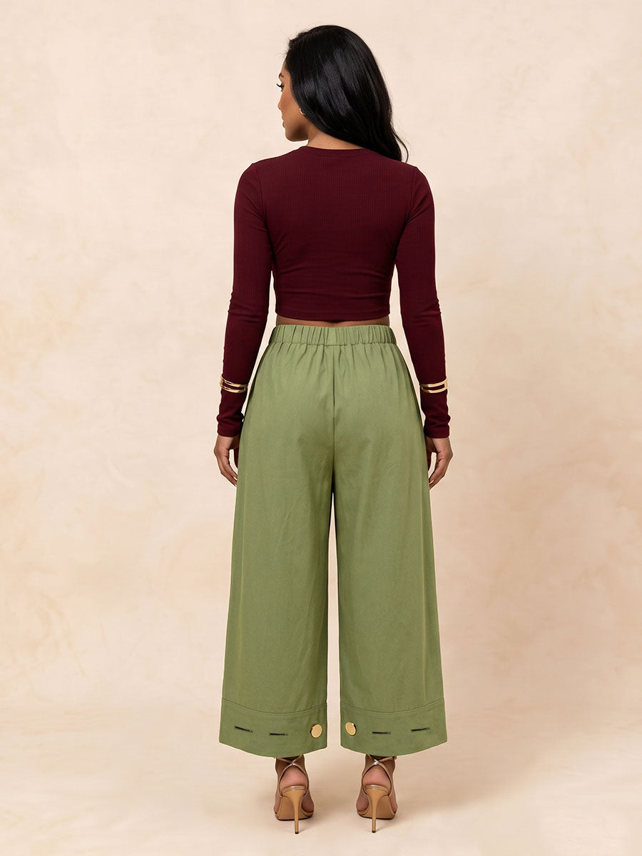 Pantalon plissé boutonné ample à poches, à taille élastique, à jambes larges, couleur unie
