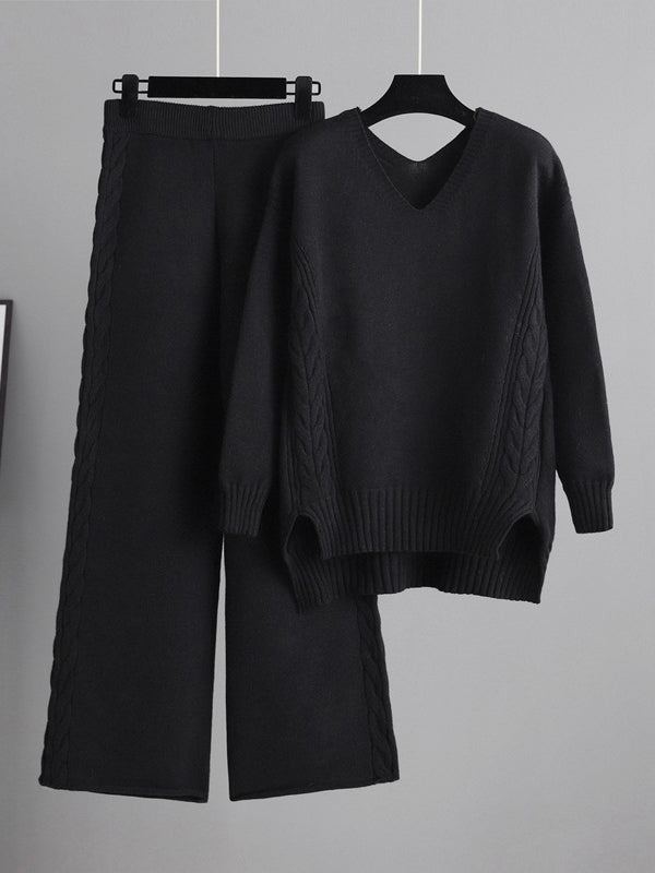 Ensemble deux pièces élégant ample à manches longues, à col en V, à jambes larges, couleur unie – pull + pantalon