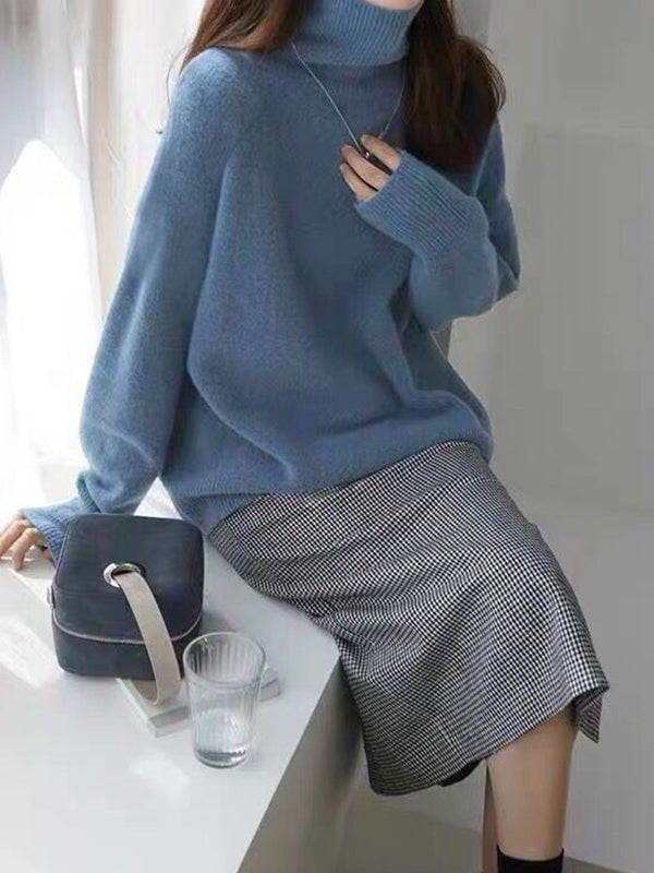 Pull décontracté ample à manches longues, à col haut, couleur unie