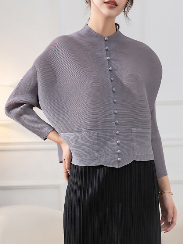Veste ample boutonnée plissée à manches longues, à poches, à col rond, couleur unie