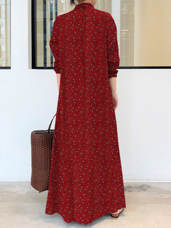 Robe longue imprimée vintage, à col revers, à manches longues