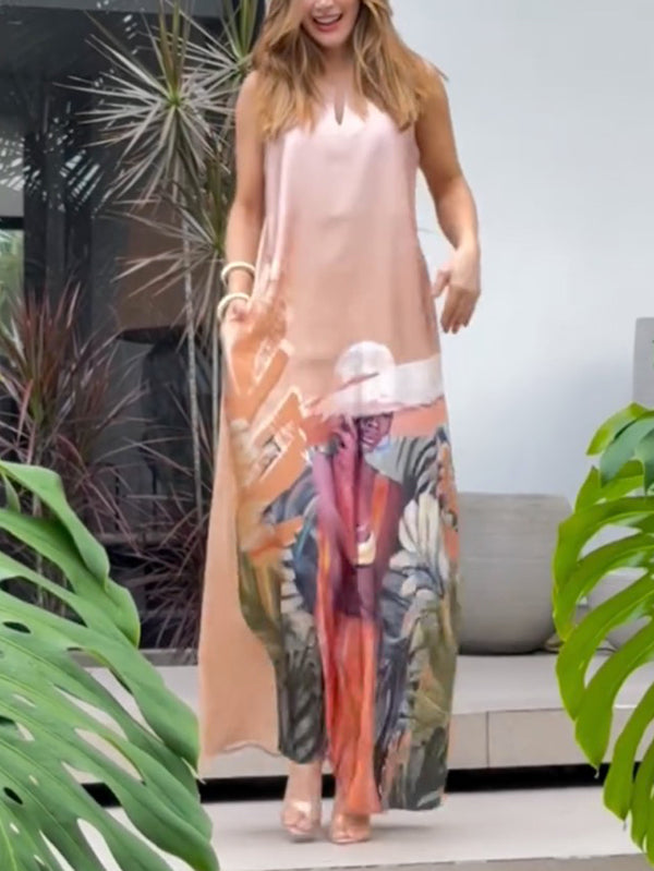 Robe longue ample sans manches, à motifs figuratifs, à poches, à col en V