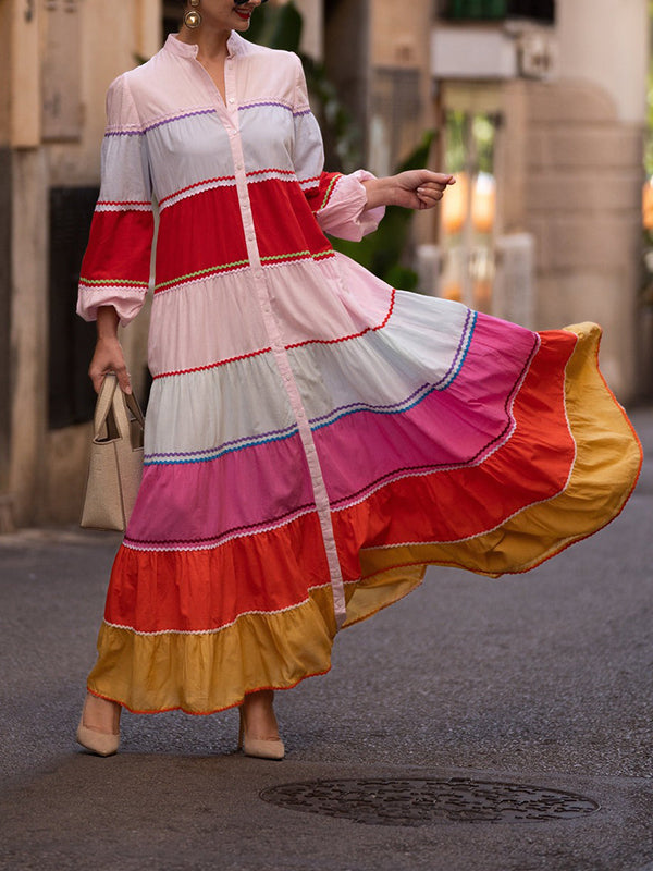 Robe chemise à manches bouffantes, à empiècements, à col rond, couleur contrastée
