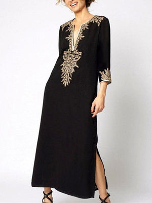 Robe longue ample imprimée fendue sur le côté à manches trois-quarts, à empiècements, à col en V, couleur contrastée