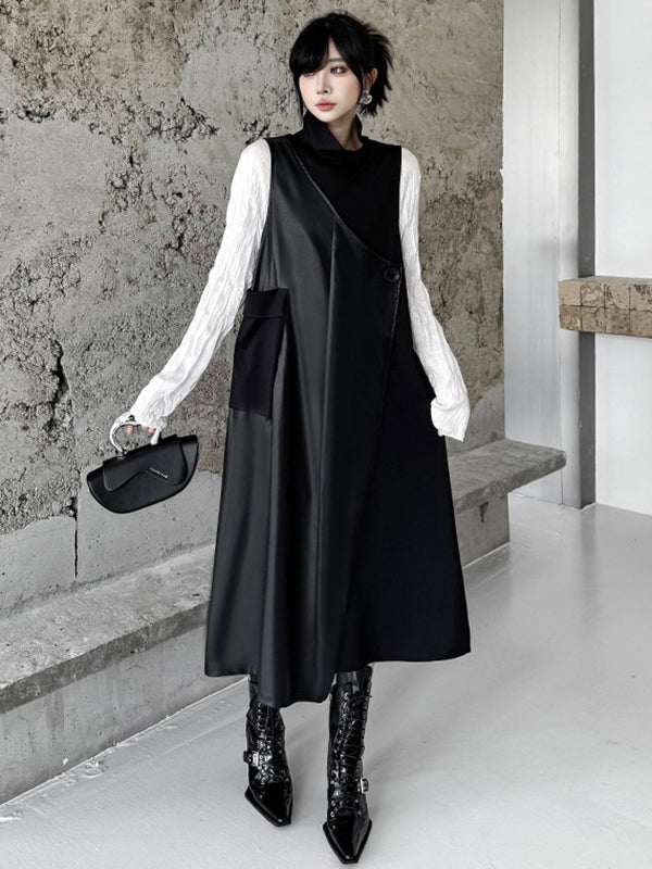 Robe mi-longue ample asymétrique boutonnée à coupe irrégulière, à empiècements, à col haut, couleur unie