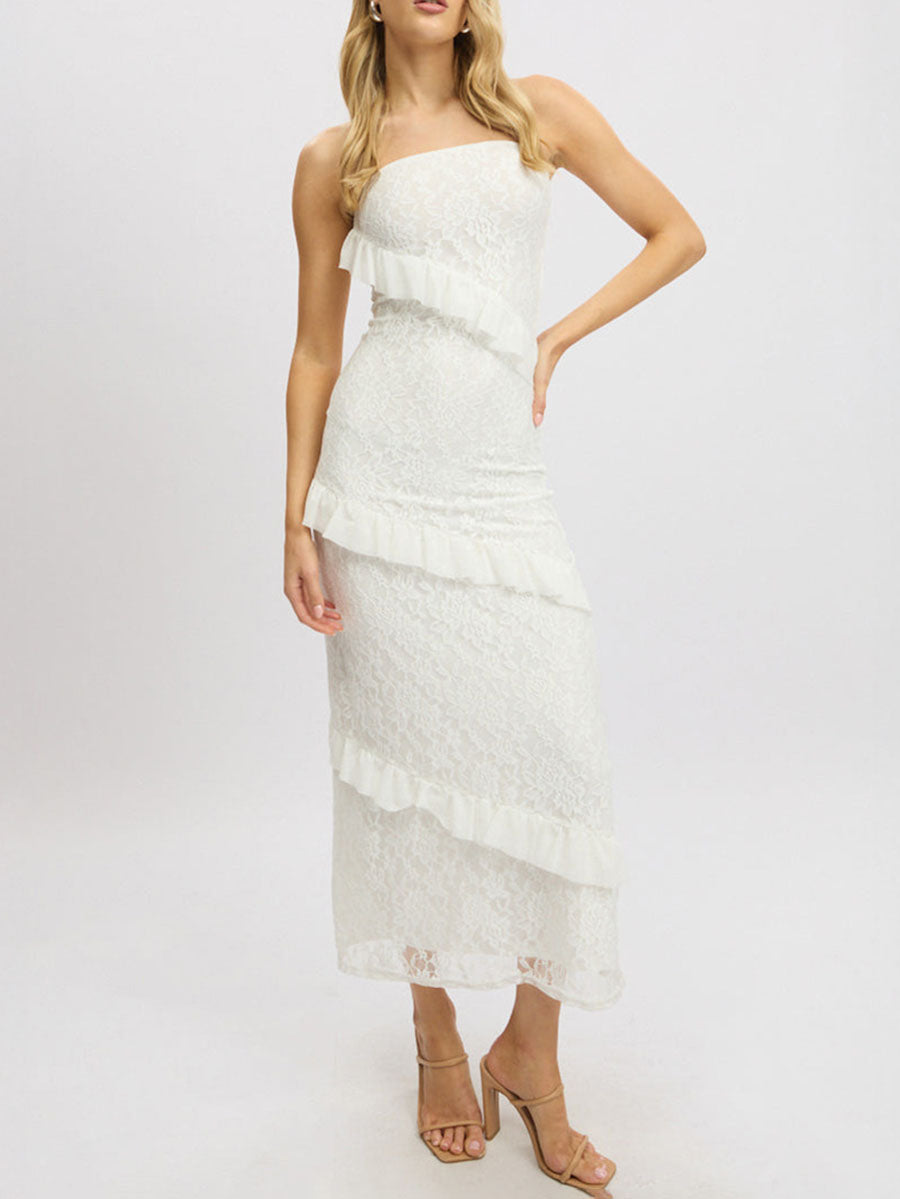 Robe mi-longue moulante volantée coupe trapèze, à empiècements, bustier, couleur unie
