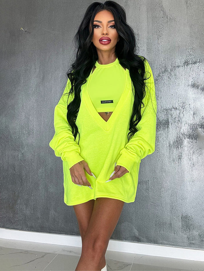Ensemble deux pièces ample à col rond, couleur unie – robe courte + débardeur