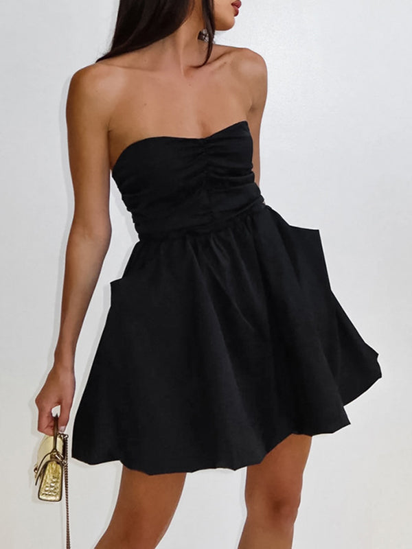 Robe courte plissée coupe trapèze, taille haute, à taille élastique, à poches, bustier, couleur unie