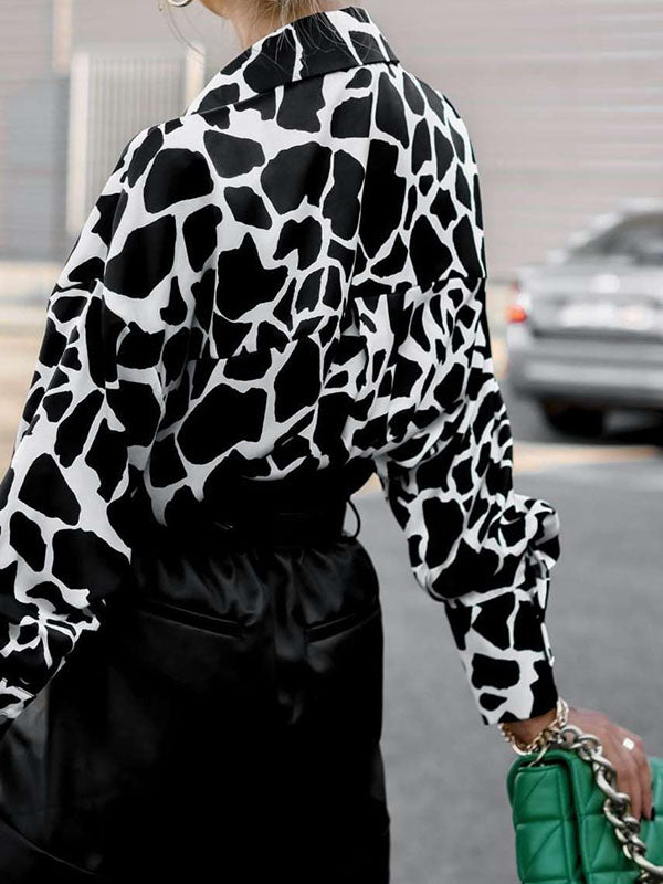 Chemisier ample imprimé à manches longues, à col revers, couleur contrastée
